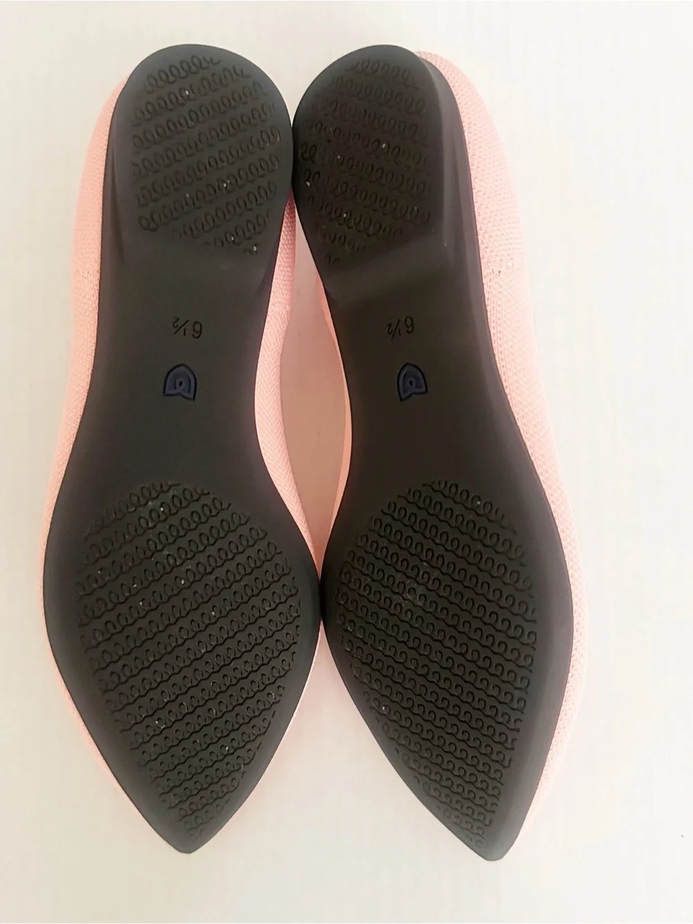 Rothy's Point ll Coral (Carnation) Pointed Knit Slip-Ons with Blue Heel Trim